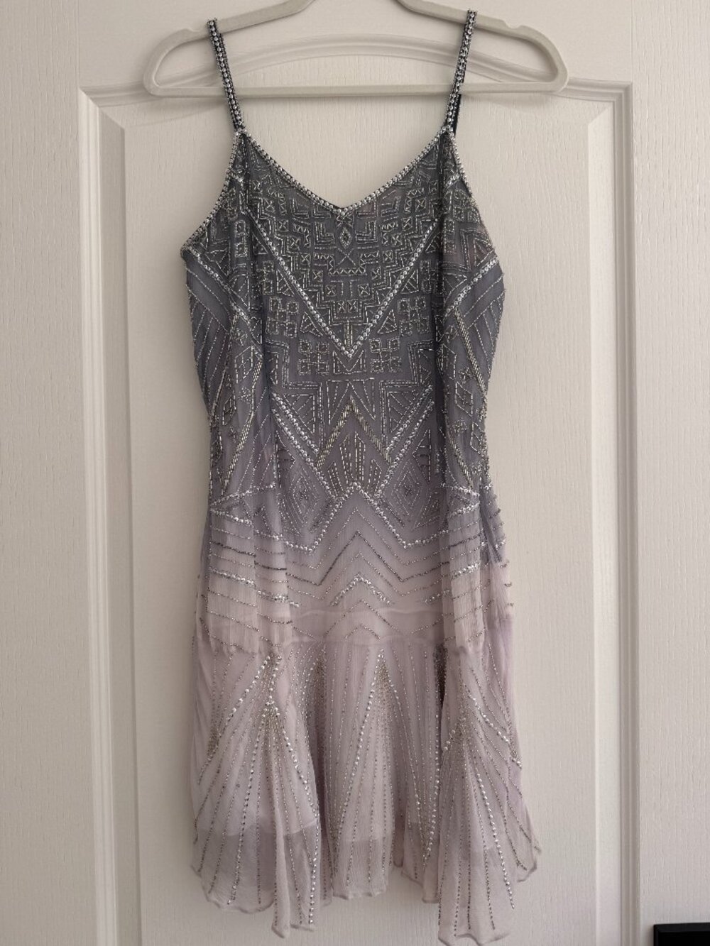 Parker XS Silver Gray Beaded Sequin Art Deco Embellished Mini Dress
